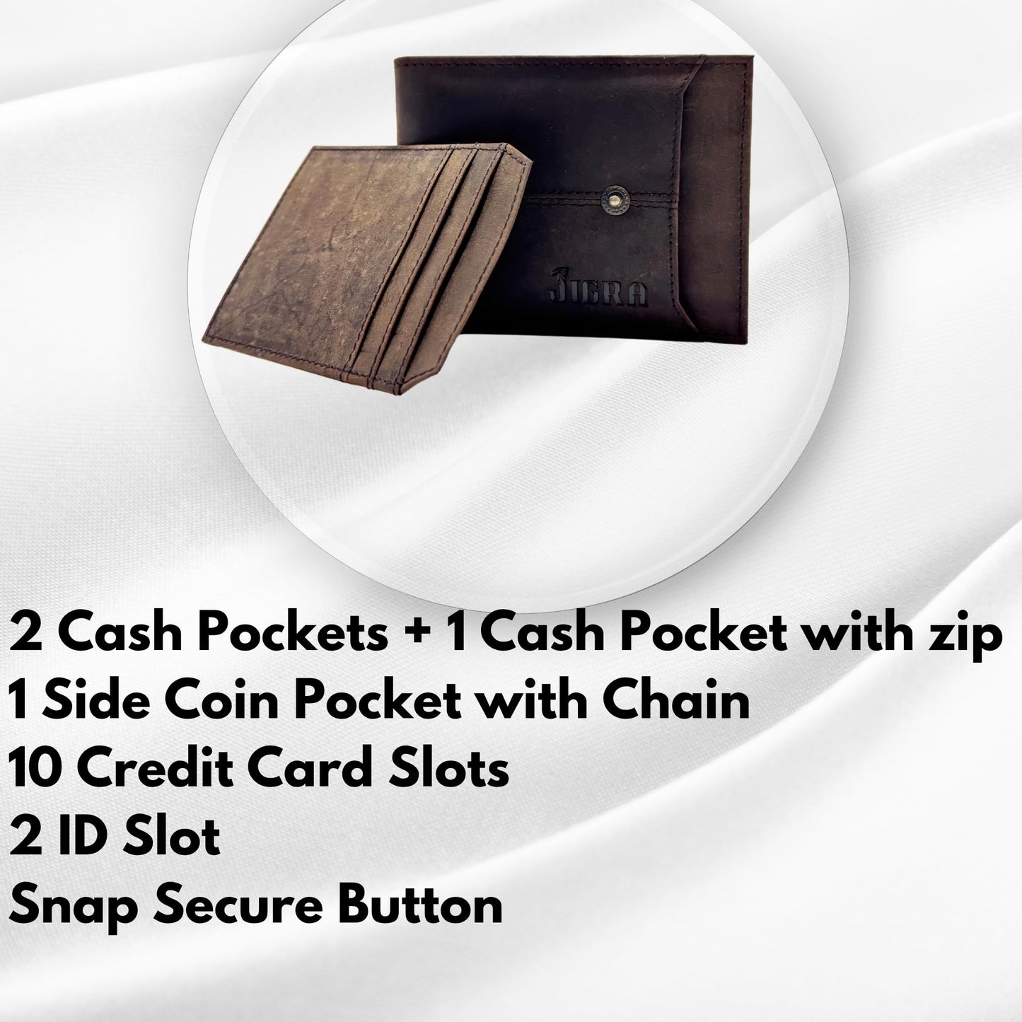 JIGRA Men’s Leather RFID Wallet – Brown Bifold with Zip Coin Pocket, 10 Card Slots, 3 Cash Compartments & ID Window – Secure Button Closure Wallet for Men with Gift Box – Genuine Leather