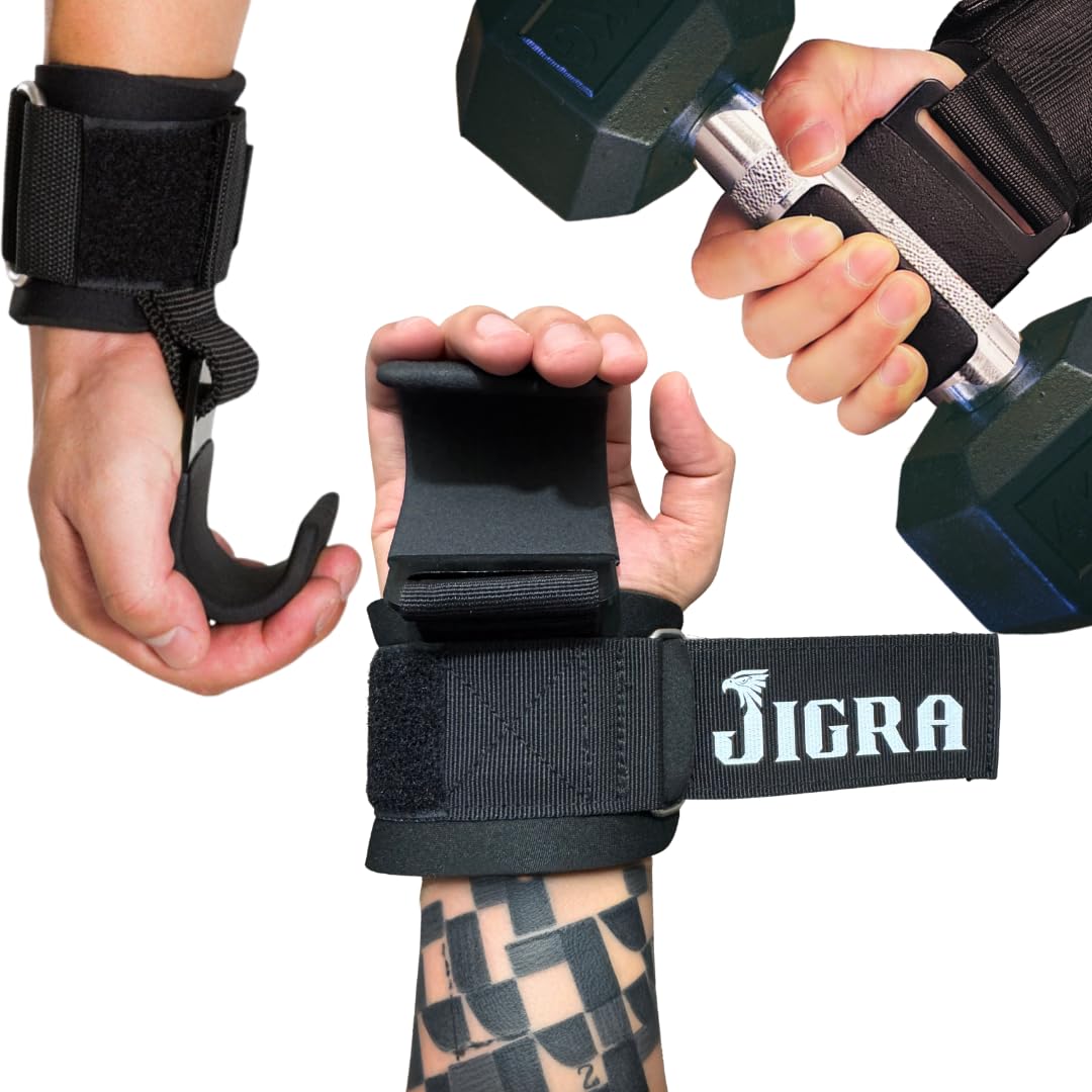 JIGRA Weight Lifting Hooks – Heavy Duty Steel Gym Straps & Wrist Straps for Deadlift, Powerlifting, Pull-Ups – Neoprene Padded Straps Weightlifting for Heavy Lifting – Men & Women