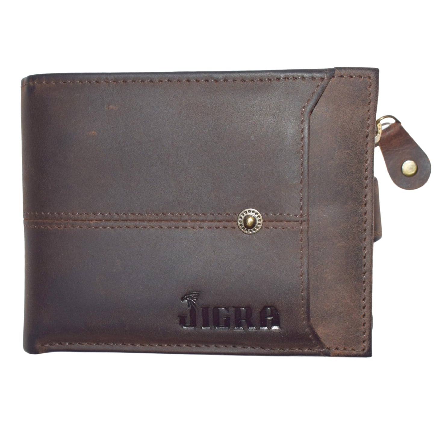 JIGRA Men’s Leather RFID Wallet – Brown Bifold with Zip Coin Pocket, 10 Card Slots, 3 Cash Compartments & ID Window – Secure Button Closure Wallet for Men with Gift Box – Genuine Leather