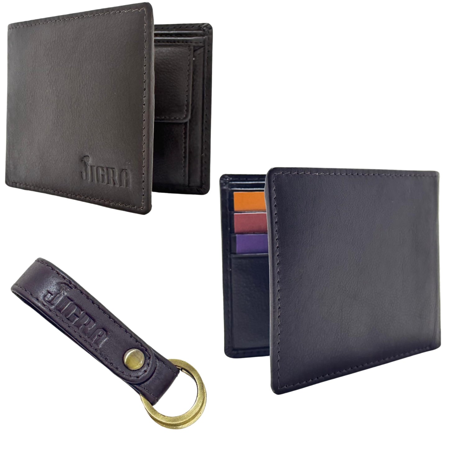 JIGRA Men’s Leather RFID Wallet – Genuine Soft Brown Bifold with Coin Pocket, 4 Card Slots, 2 Cash Compartments – Minimalist Slim Wallet for Men with Gift Box & Matching Keychain