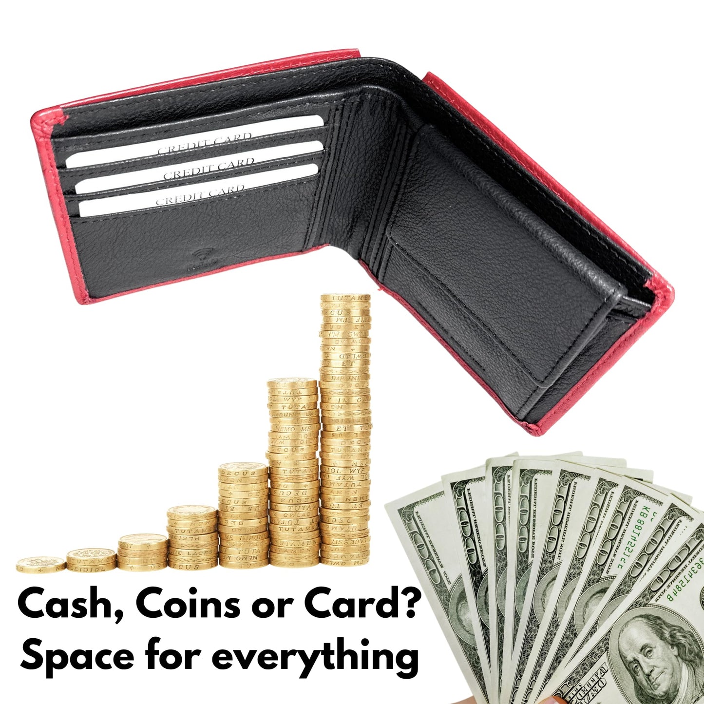 JIGRA Men’s Leather RFID Wallet – Soft Genuine Red Bifold with Coin Pocket, 5 Card Slots, 2 Cash Compartments – Minimalist Wallet for Men with Gift Box & Matching Leather Keychain