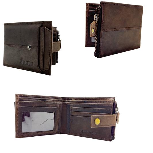JIGRA Men’s Leather RFID Wallet – Brown Bifold with Zip Coin Pocket, 10 Card Slots, 3 Cash Compartments & ID Window – Secure Button Closure Wallet for Men with Gift Box – Genuine Leather